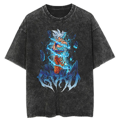 Washed Black Dragon Ball Anime T-shirt for Summer Fashion