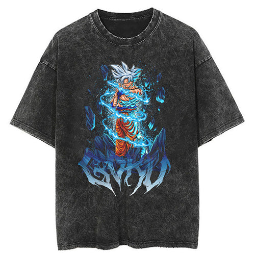 Washed Black Dragon Ball Anime T-shirt for Summer Fashion