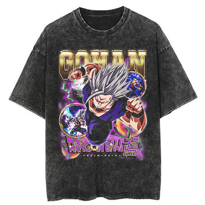 Washed Black Dragon Ball Anime T-shirt for Summer Fashion